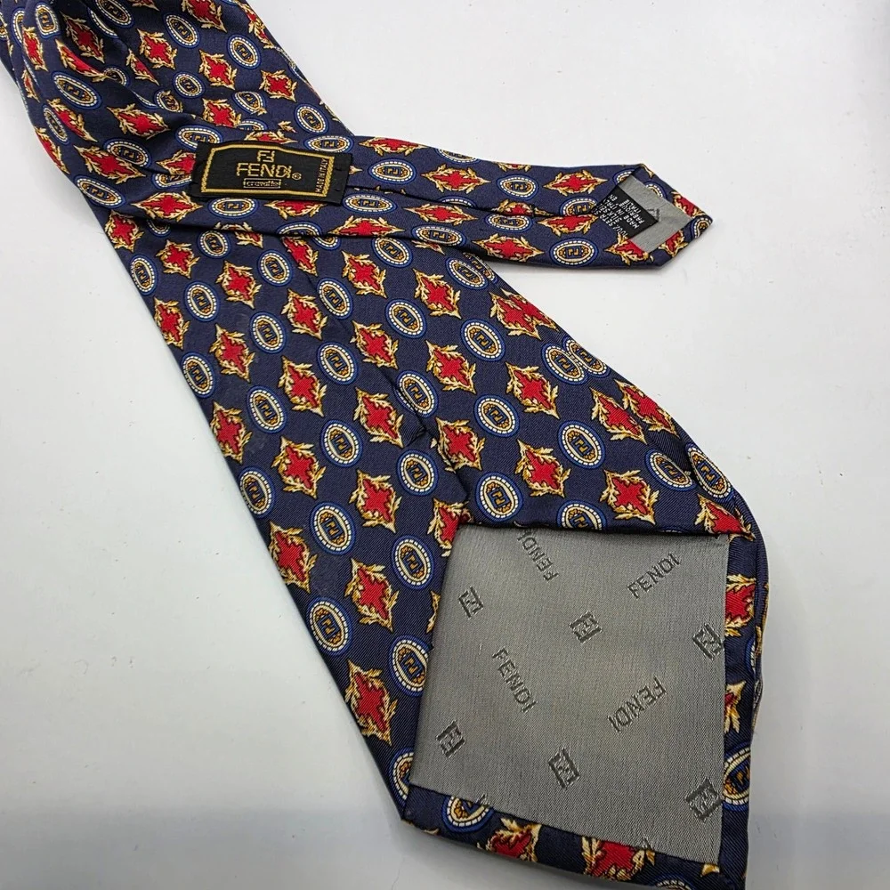 Fendi Vintage Mens Silk Tie Navy Blue Red Gold FF Logo Geometric Made in Italy